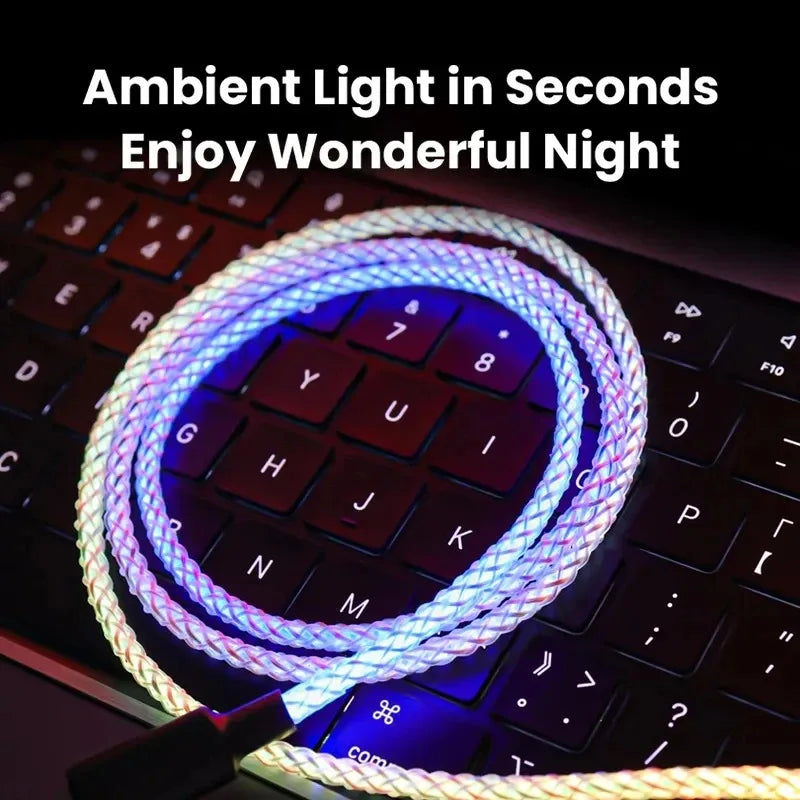 RGB Flowing LED Data Cable Breathing Gradient PD66W for iPhone Samsung Huawei Dual Type C Android Fast Charging Cord Qme