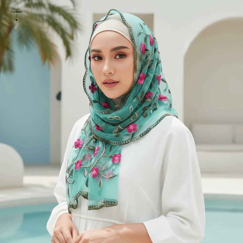 Ethnic Style Embroidered Floral Headwrap Breathable Lightweight Boho Sheer Shawl Skin-Friendly Soft Summer Hijab Qme