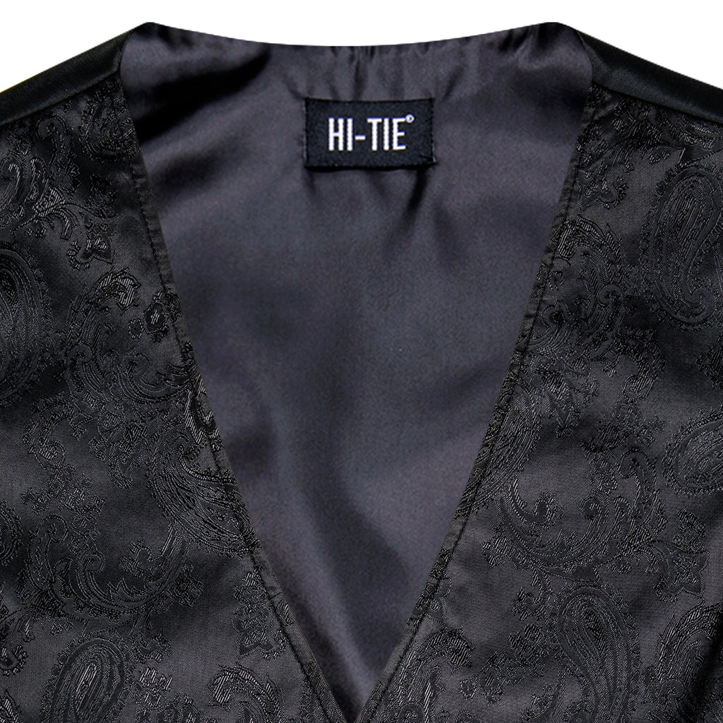Hi-tie Silk Mens Suit Vests Woven Black Paisley Waistcoat Tie Pocket Qme