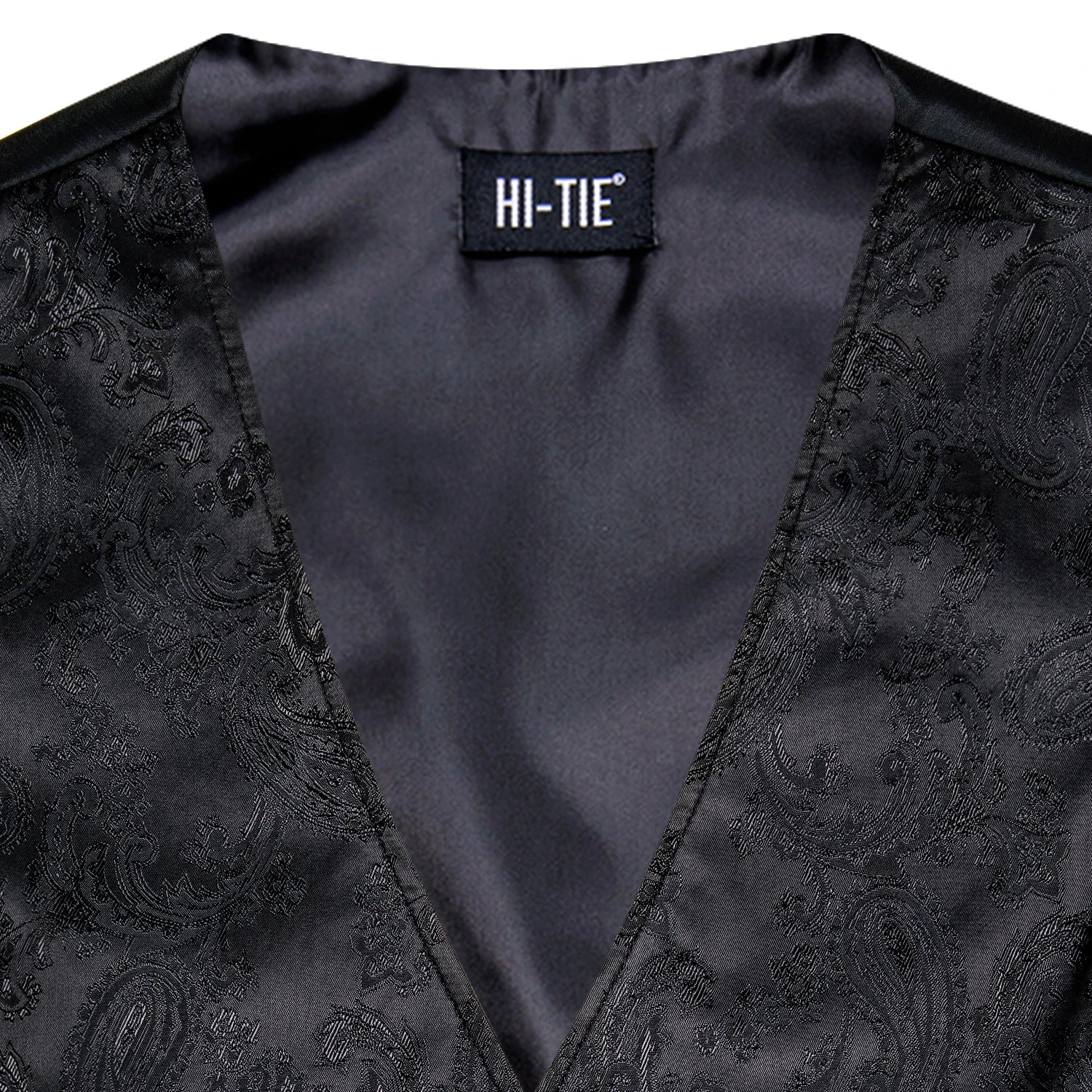 Hi-tie Silk Mens Suit Vests Woven Black Paisley Waistcoat Tie Pocket Qme