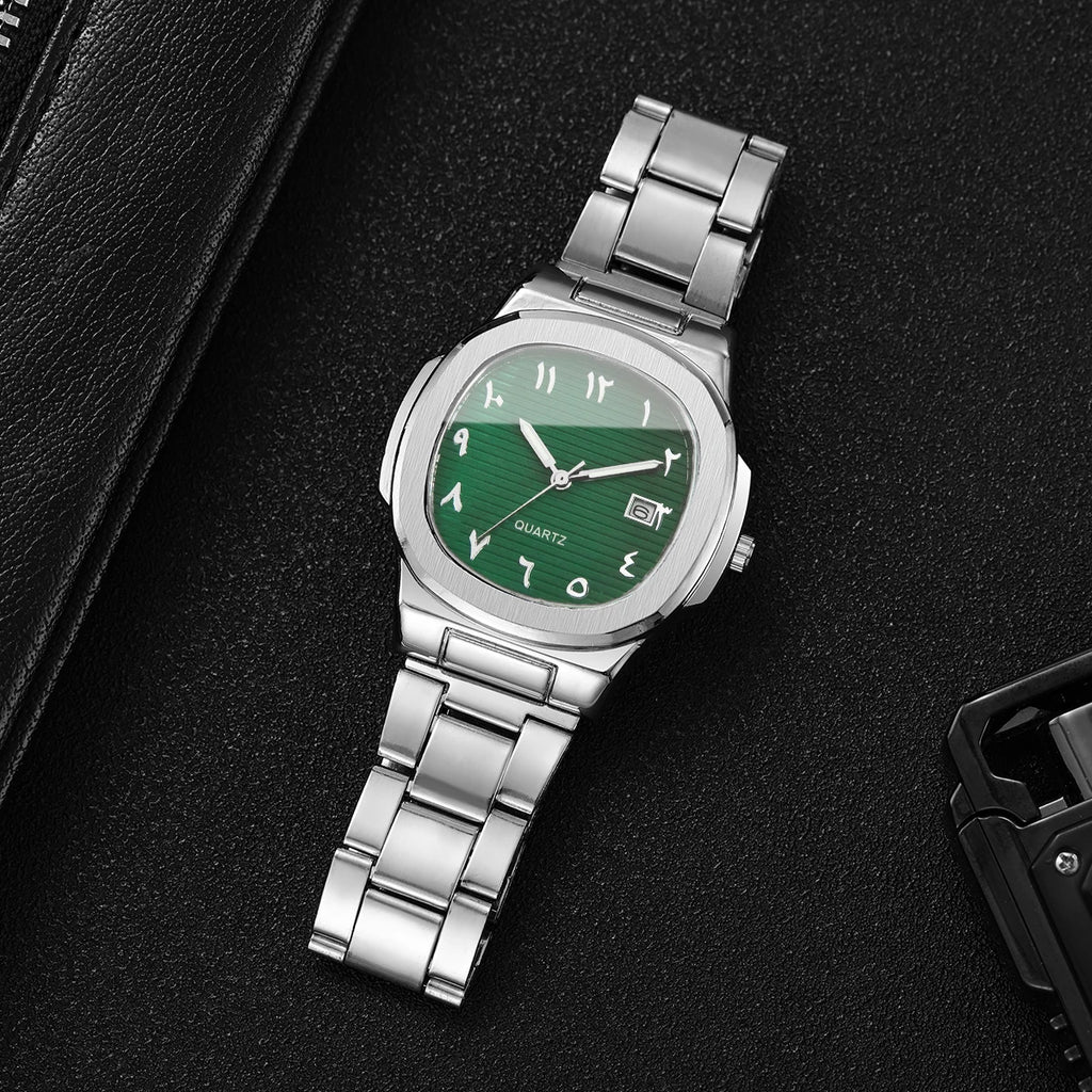 Men's Silver Watch Jewelry Set, 2Pcs Green Dial Arabic Numeral Watch + Cross Ring, Minimalist Casual Style Qme