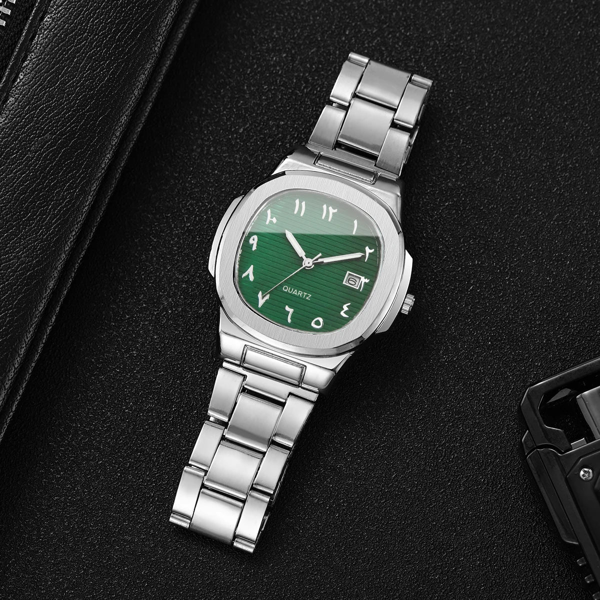 Men's Silver Watch Jewelry Set, 2Pcs Green Dial Arabic Numeral Watch + Cross Ring, Minimalist Casual Style Qme