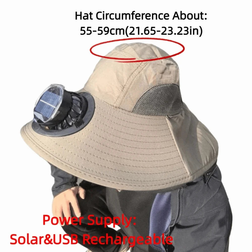 Breathable Solar Fan Hat Strong Wind Wide Brim Sun Hat with Fan with Shawl UV Protection Summer Fan Visor Cap Hot Weather Qme
