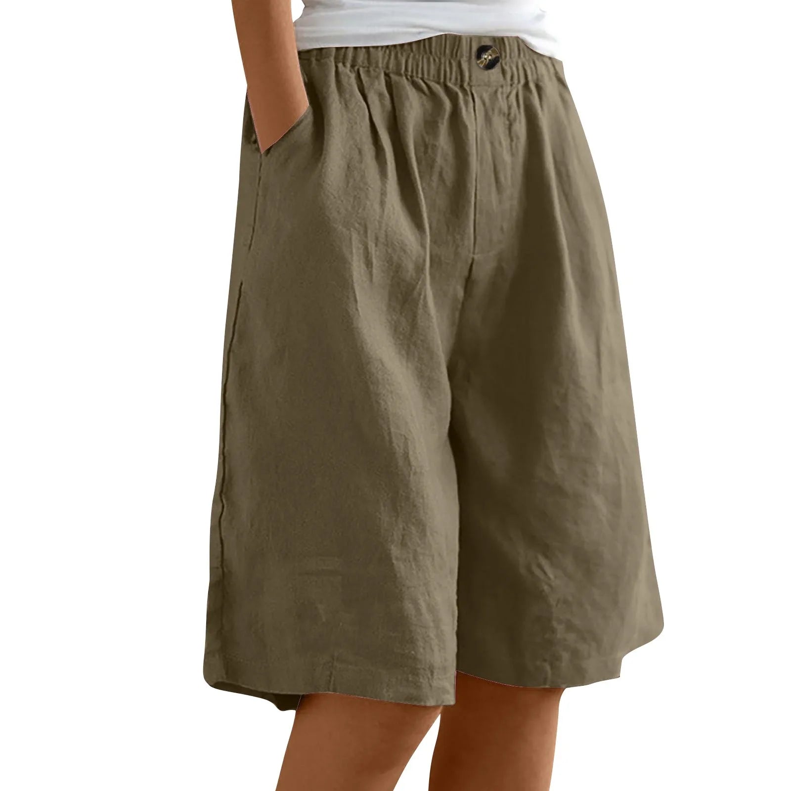 Female Fashion Solid Color Elastic High Waist Pocket Button Up Loose Cotton Linen Five Length Shorts Summer Soft Comfort Pants Qme