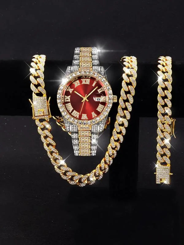Men's Hip Hop Iced Out Watch and Jewelry Combo, Silver Plated Diamond Watch + Cuban Chain + Bracelet, Fashion Accessory Qme WHITE