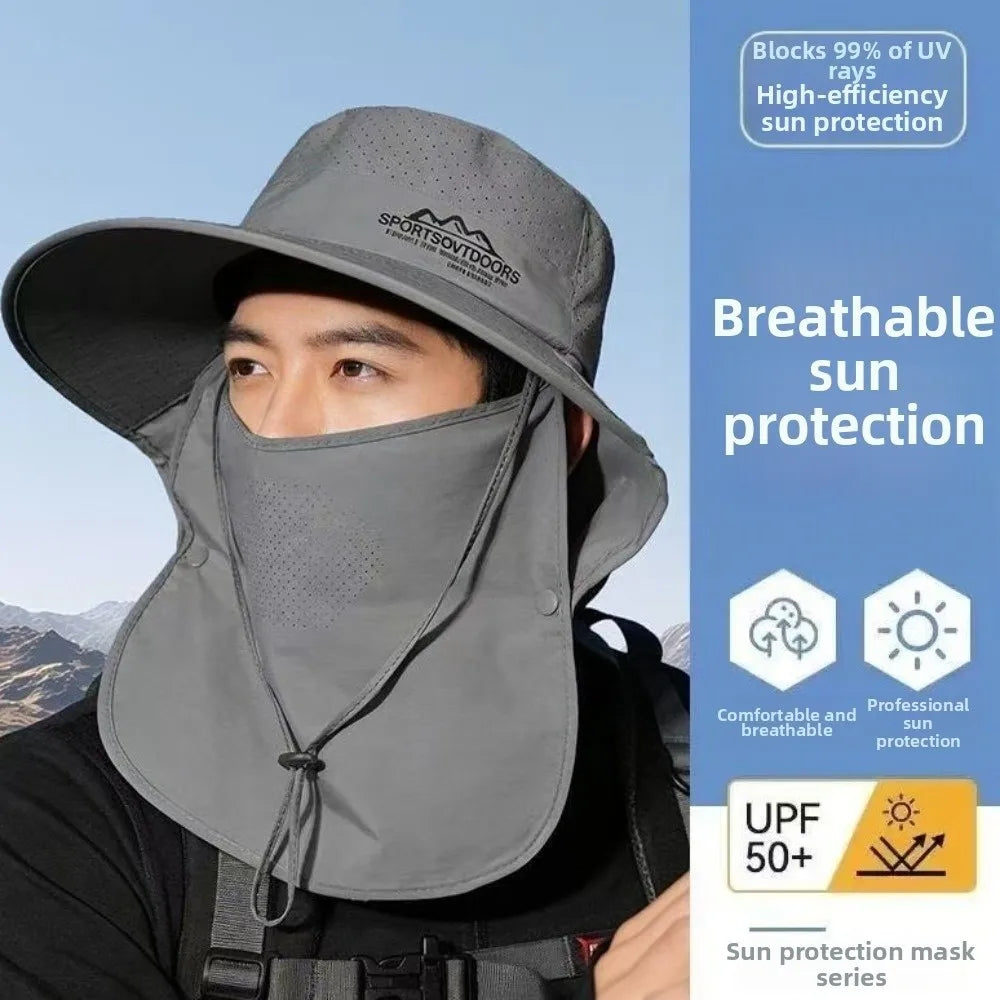 UV Protection Large Brimmed Sun Hat Breathable Face Shield Neck Flap Fisherman Hat Waterproof Polyester Outdoor Bucket Hat Qme