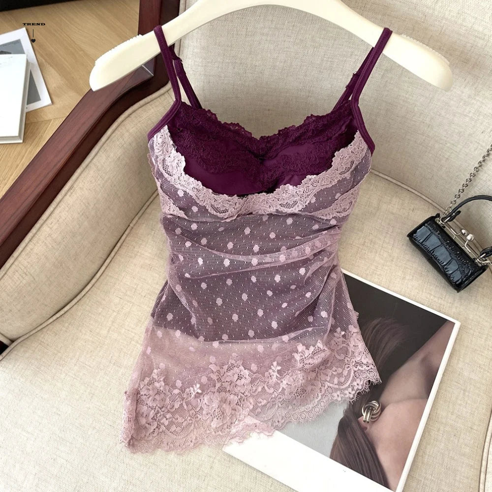 Lace Dots Fake Two Camisole Wrapped Chest Bra Slim Fit Sweet Girl's Qme