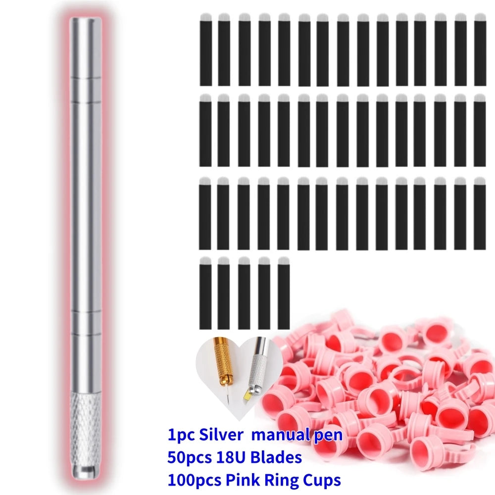 Brand New 3D Microblading Manual Pen Needles Permanent Makeup Professional PMU Eyebrow Microblading Ring Caps Kit Set Tool Qme Silver No Case