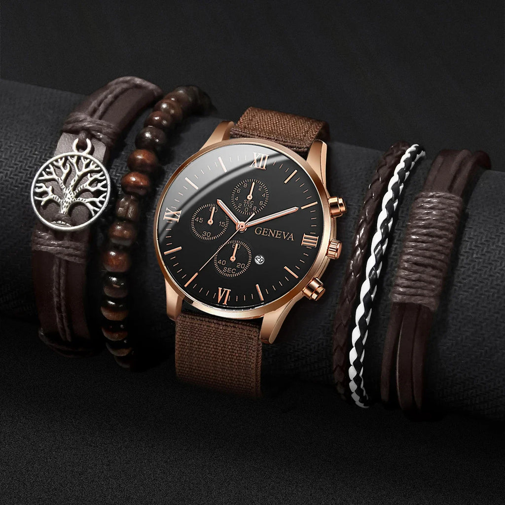 5 Pçs/set Calendário Masculino Relógio Casual Nylon Banda Relógio de Quartzo Conjunto de Pulseiras de Couro Vintage (Sem Caixa) Qme