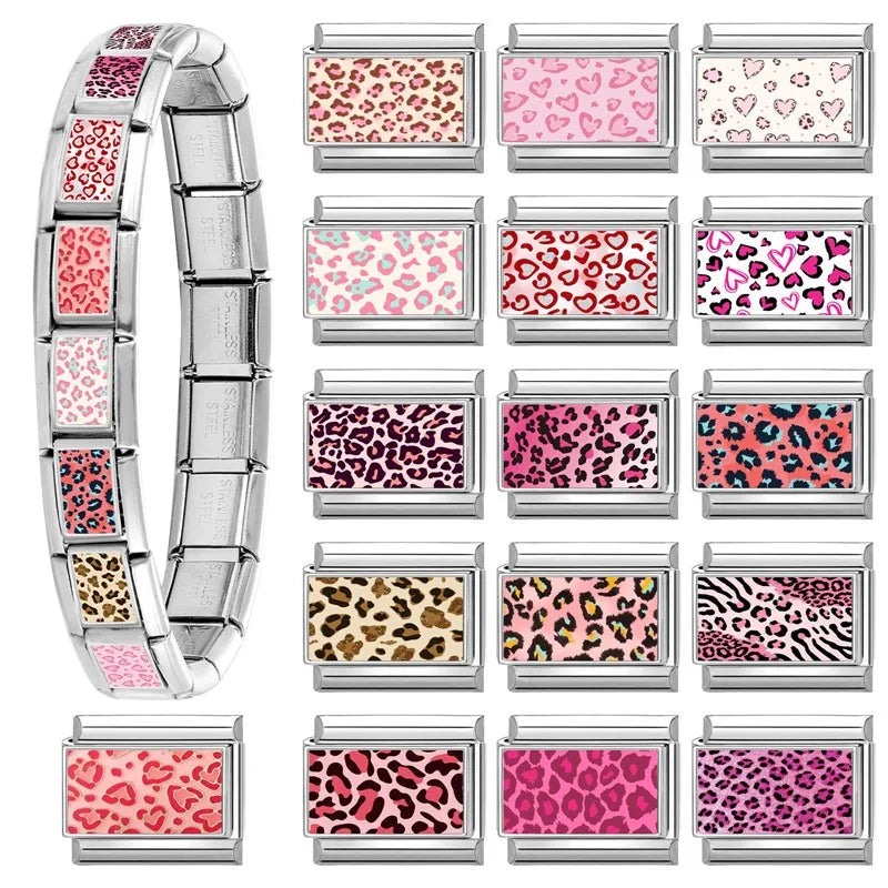 Fashion Pink Color Y2K Leopard Print Love Heart Butterfly Italian Charm Links Fit 9mm Stainless Steel Bracelet DIY Making Gifts Qme