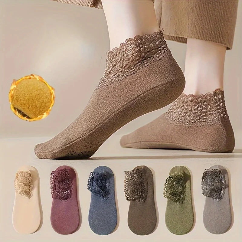 Women Winter Thermal Socks Lace Trim No Slip Floor Socks Warm Fuzzy Socks for Home Indoor Qme