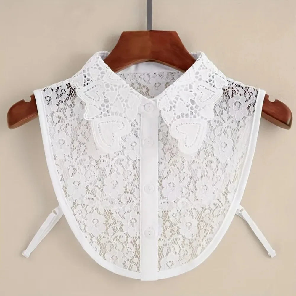 Women Detachable Lace Fake Collar Heart Embroidery Decorative Collar White Hollow Out Lapel Sweater Shirt Blouse Decor Collar Qme White