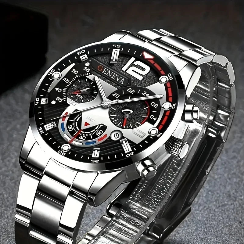 4pcs men's fashion watch set quartz sport, round zinc alloy case, imitation leather strap and stainless steel strap quartz watch Qme