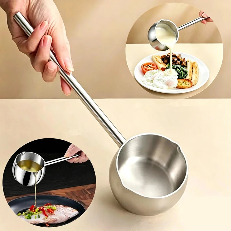 Stainless Steel Hot Oil Spoon With Extended Handle Anti-Burning And Anti-Splashing Small Pot For Oil Pouring Kitchen Tool Qme