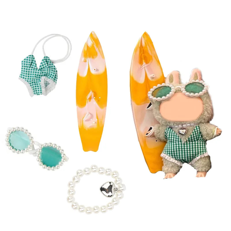17cm Labubu 4-piece costume set (without dolls), fashionable summer beach costume set, doll costume accessories Qme green