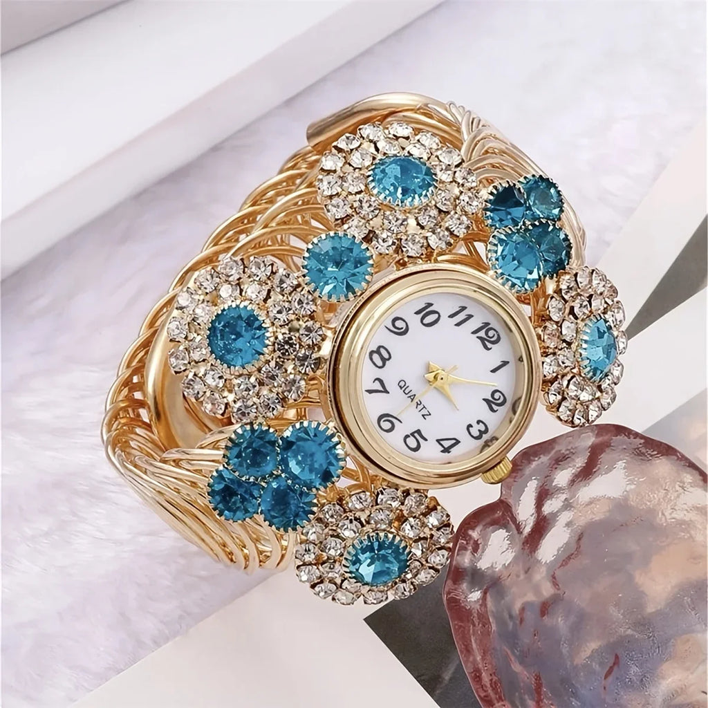 Rhinestone Flower Decor Quartz Bracelet Watch Boho Analog Cuff Bangle Dress Watch, Gift For Mother's Day Valentine's Day Qme