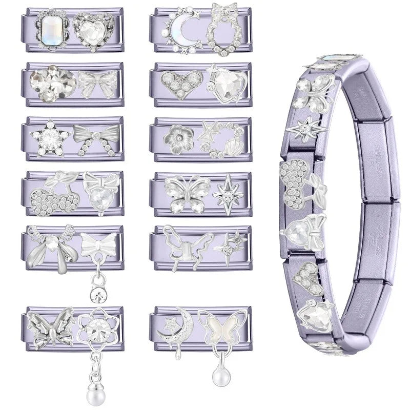 White Zircon Butterfly Stars Moon Bow Flowers Italian Charm Links Fit 9mm Stainless Steel Bracelet Women Jewelry DIY Making Gift Qme