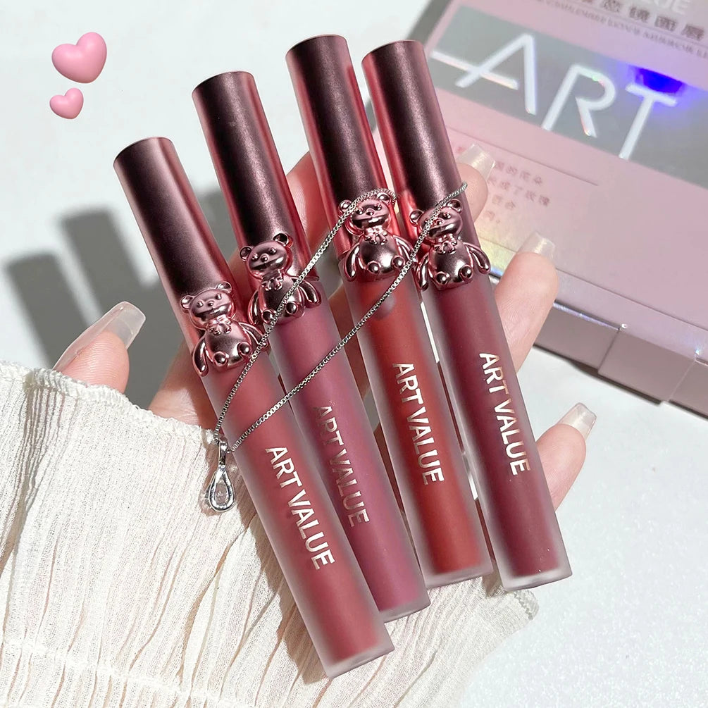 4Pcs Lipgloss Liquid Lipstick Long Lasting Moisturizing Makeup Mirror Lip Glaze Set With Necklace Lip Tint Cosmetics For Women Qme