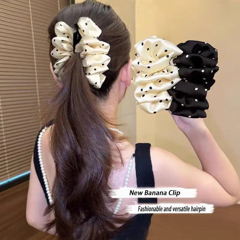 Large Polka Dot Satin Ruffled Hair Claw Clip Strong Non Slip Hold Qme