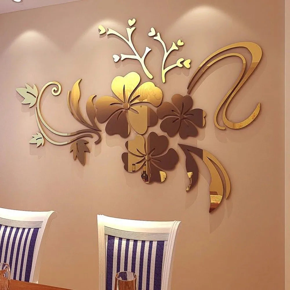 3D Mirror Floral Art Removable Wall Sticker Acrylic Mural Decal Home Room Decor Solid Color Flower Pattern Wall Sticker Qme Gold
