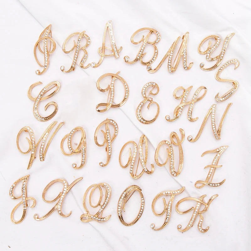 Women Luxury Letter Brooch Pins Gold Rhinestones Crystal English Qme