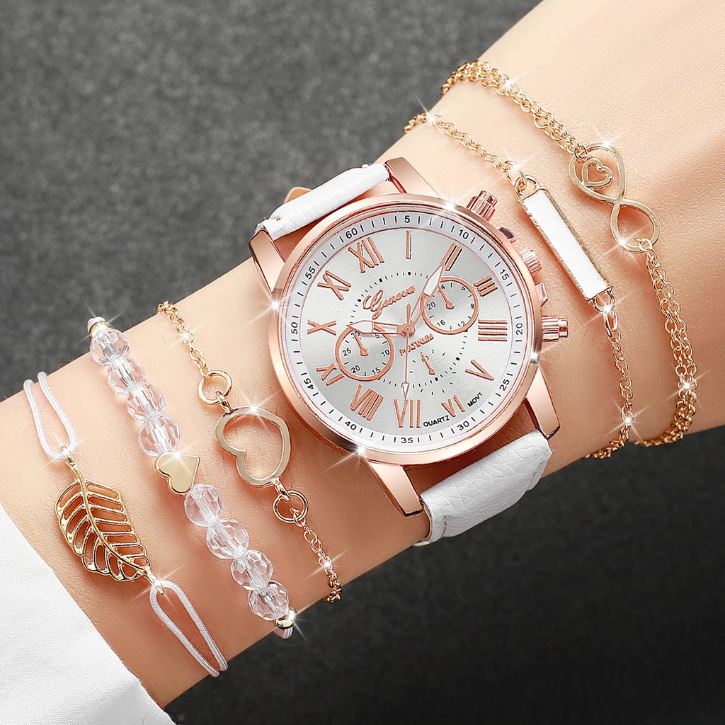 6 Pçs/set Relógio Feminino Moda Roma Dial Relógios de Quartzo Conjunto de Pulseiras (Sem Caixa) Qme