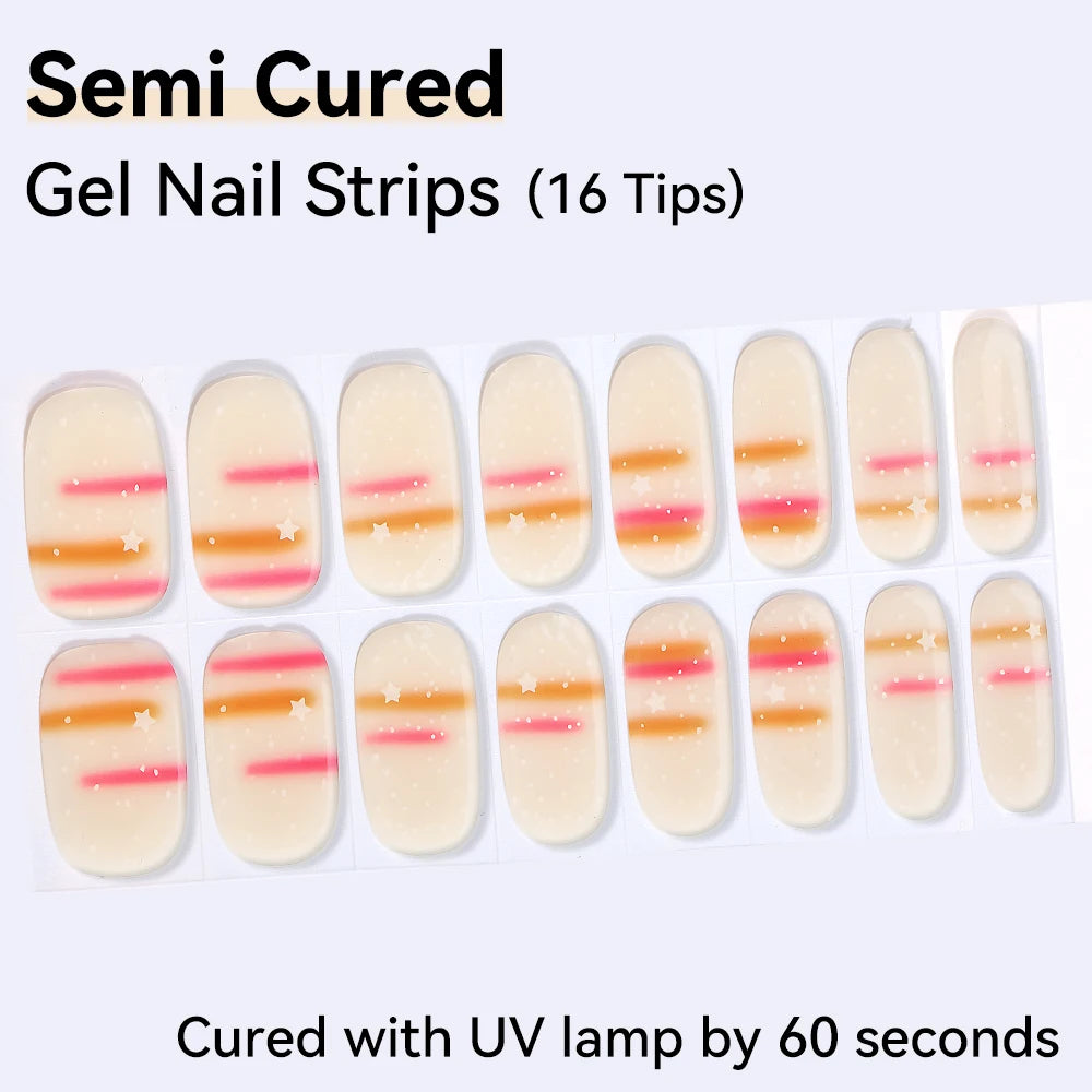 16Tips Semi-cured Gel Nail Sticker Colorful French Glitter UV LED Qme NF250021
