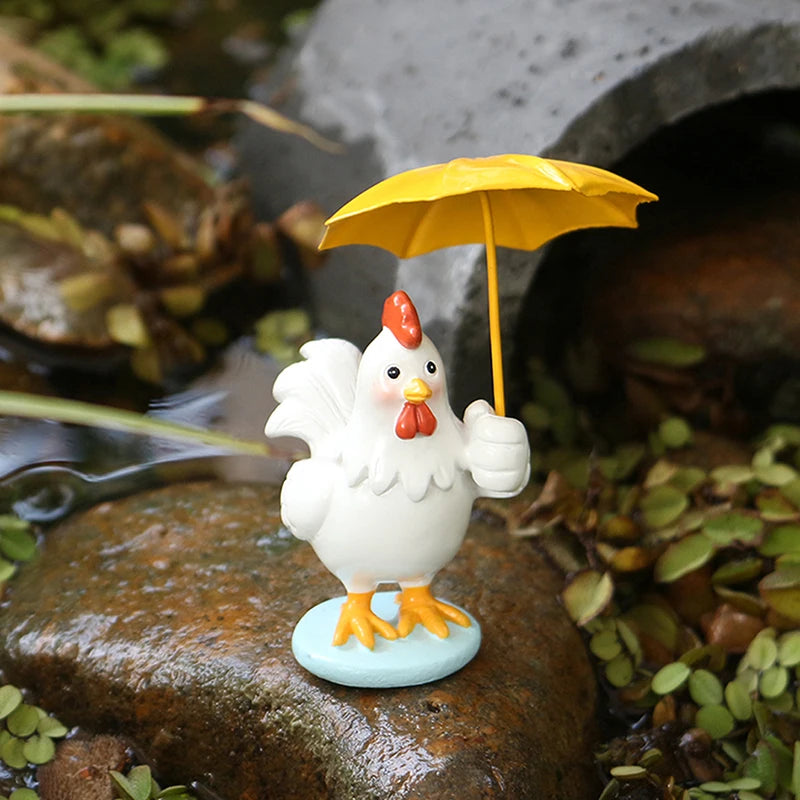 Rooster Figurine With Umbrella, Decorative Outdoor Statue,Collection Miniature Fairy Garden Home,Garden, Indoor Outdoor Decor Qme