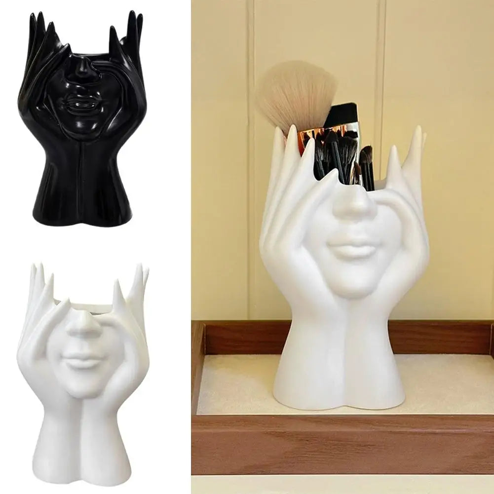 Pen Holder & Desk Decor White Abstract Face Sculpture with Hands, Modern Office Desktop Organizer for Pens, Makeup Brushes Qme