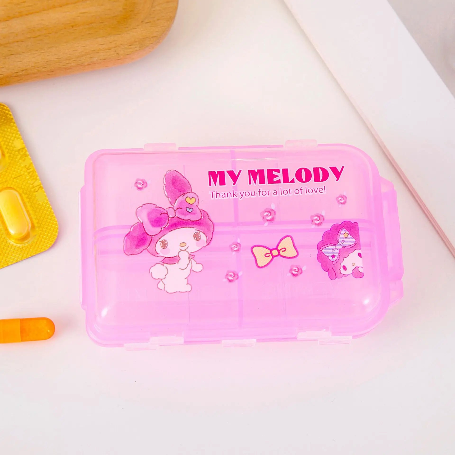 Hello Kitty Kuromi Storage Box Portable, Transparent, Multi-Compartment Pill Organizer Moisture-Proof, Airtight Pill Box Qme 2