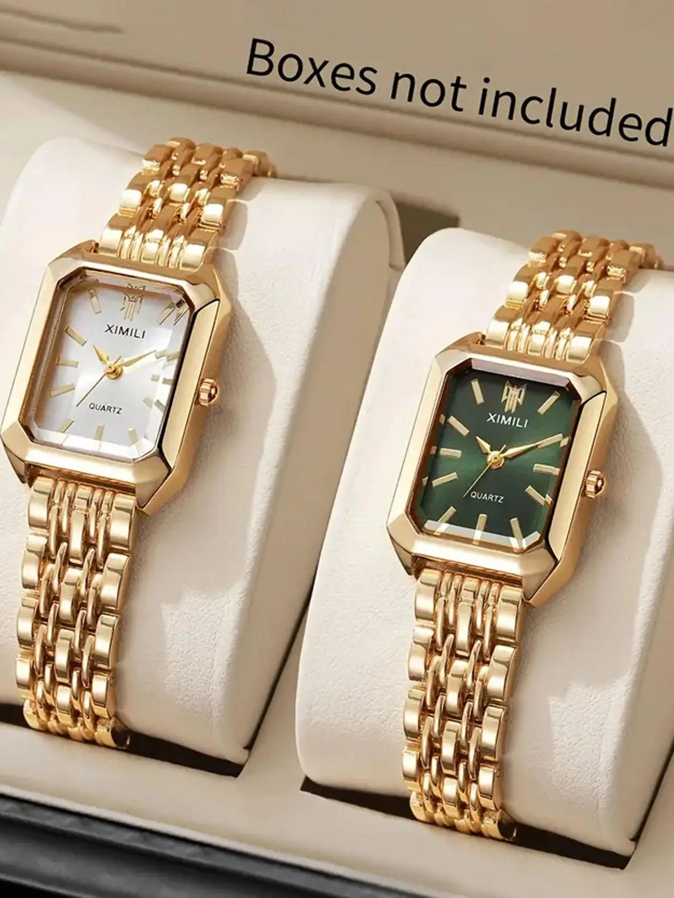 Women Gold Square Watch, Vintage Octagonal Case White/Green Dial Stainless Steel Band Quartz Wristwatch Qme