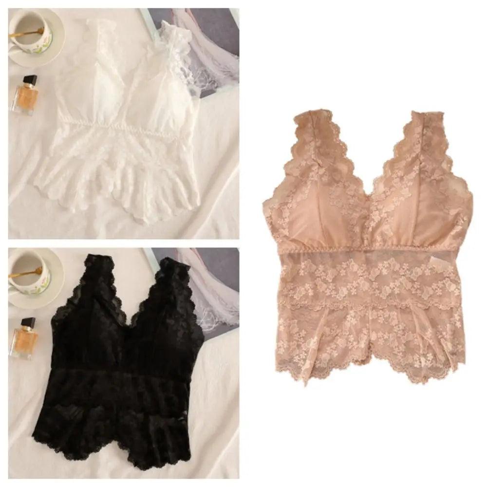 Simple Mesh Thin Lace Deep V Camisole Sleeveless Slim Fit Suspender Qme