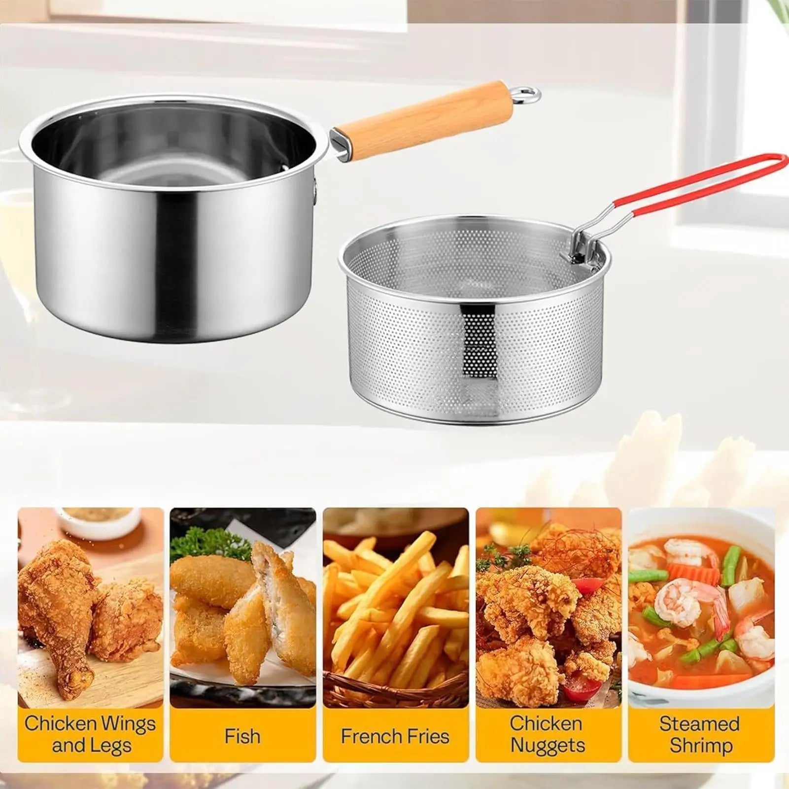 Frying Pot Basket Lid Cooking Deep Fryer Cookware Oil Strainer Qme