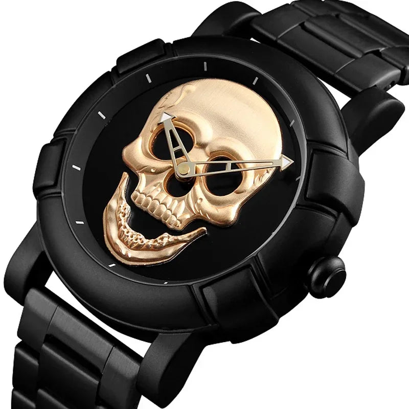 Men's Quartz Watch, Black and Gold Dial, 3D Skull Head Pattern, Stainless Steel, Steampunk Rock Engraved, Men's Watch Qme BLACK GOLD SKULL