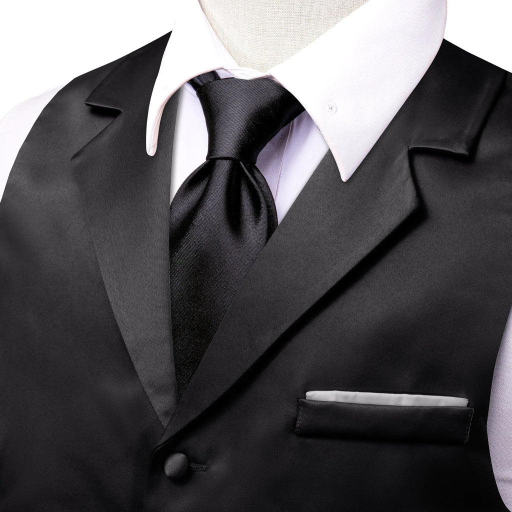 Hi-Tie Solid Black V-neck Men Vest With Tie Jacquard Tuxedo Dress Waistcoat Adjustable Jacket Casual Business Party Fashion Qme