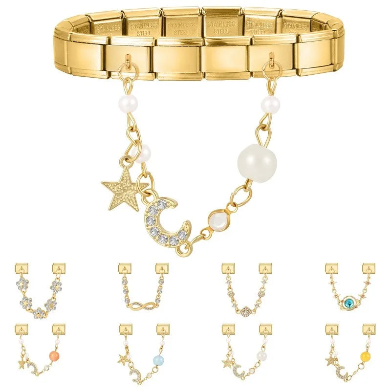 Retro Pearl Stars Moon Shiny Zircon Gold Color Chain Tassel Italian Charm Link Fit 9MM Stainless Steel Bracelet Women DIY Making Qme