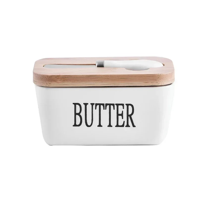 Ceramic Butter Container Box Restaurant Sealed Storage Box Cheese Box with Knife Bamboo Lid Butter Slicer Butter Dish Tableware Qme