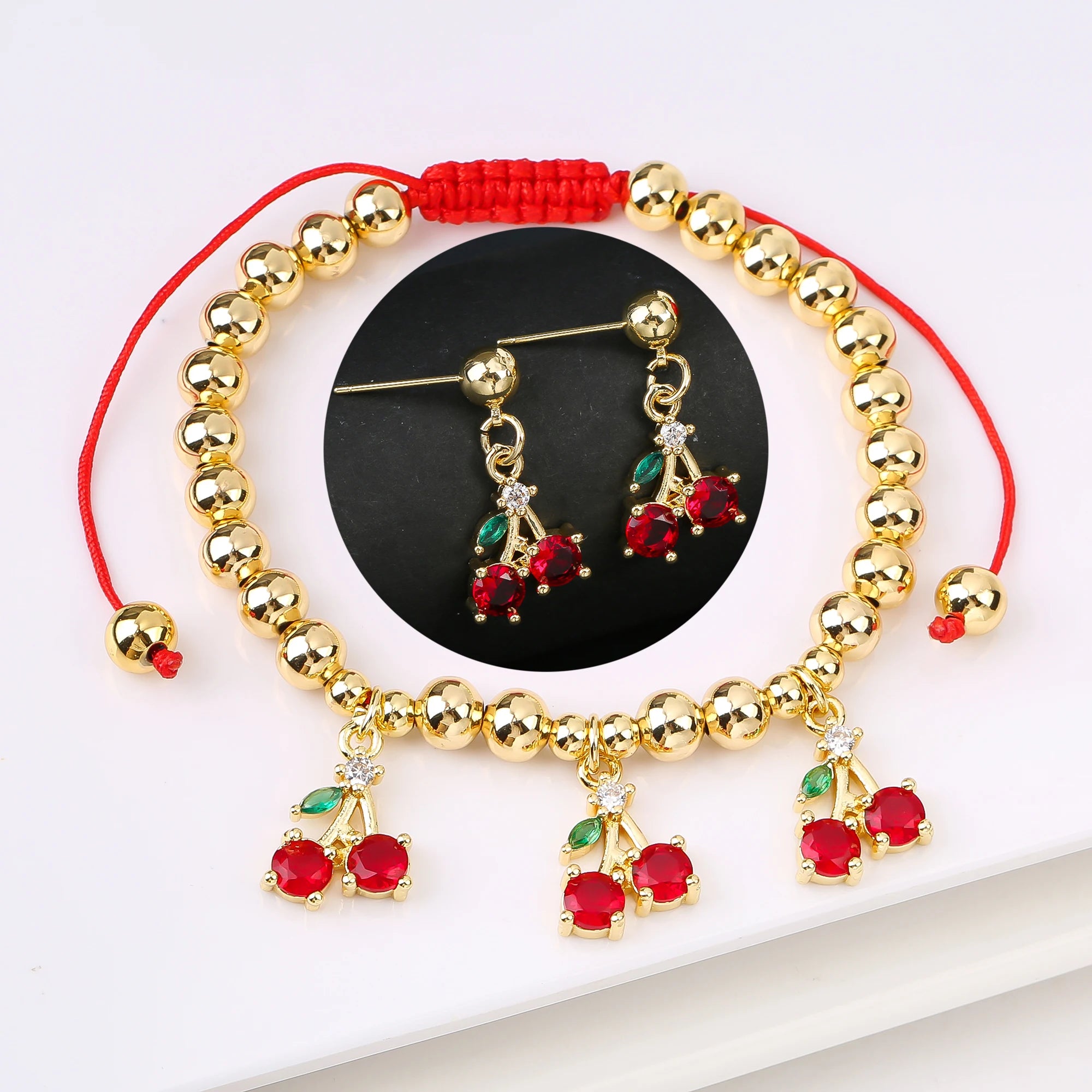2PCS Trendy Red Cherry Strawberry Bracelet Earring Fruit Set for Women Casual Vacation Zirconia Jewelry Girls Lucky Gift Qme Jewelry Set 2