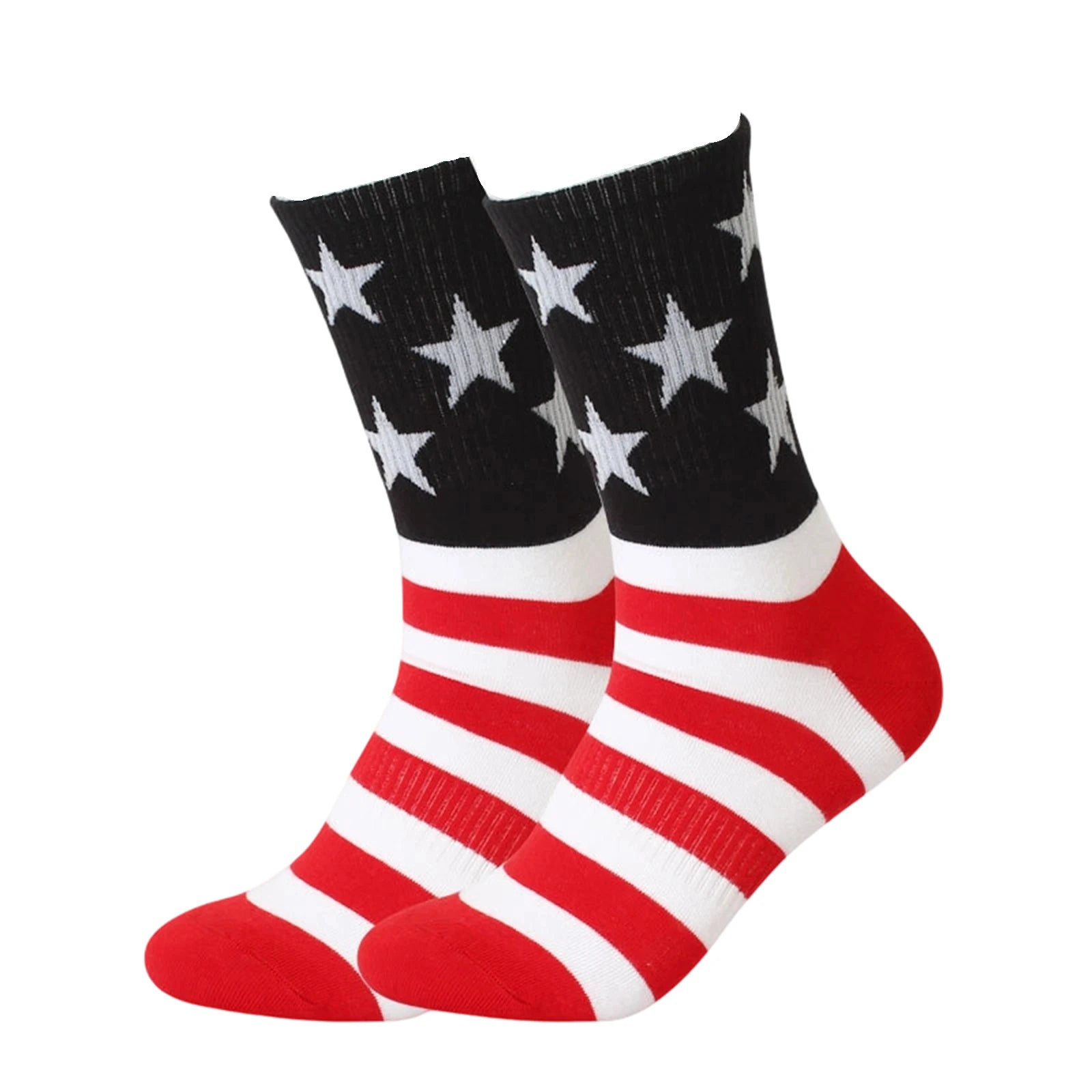 Men's American Independence Day Theme Mid-length Socks Color Blocked Striped Casual and Versatile Elastic Cotton Middle Socks Qme Black One Size