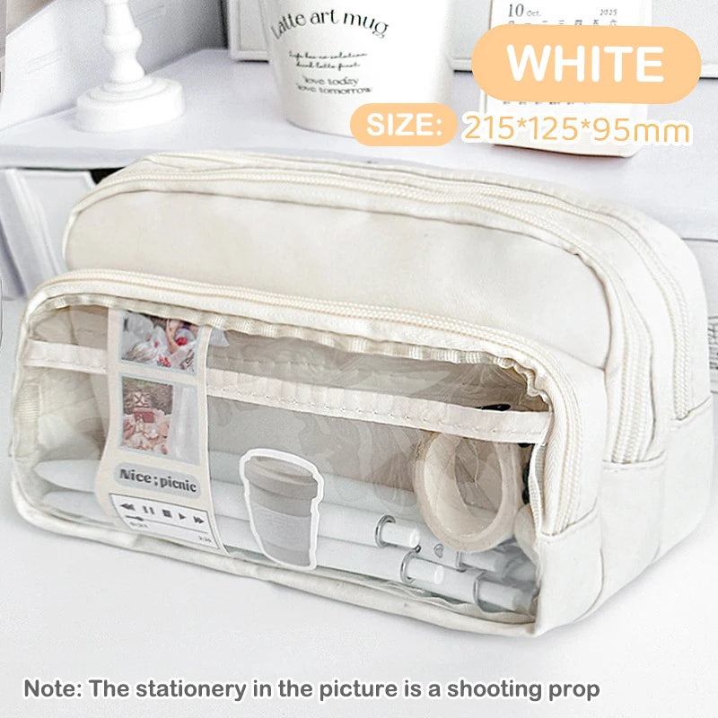 Chic Solid Pencil Case Korean Simplicity Transparent Pen Pouch Large Qme White