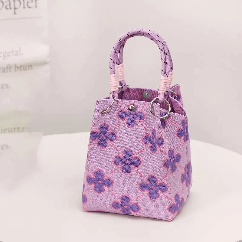Mini Knitted Bucket Bag Women Small Handbag Geometric Colorblock Wristlet Purse With Detachable Handle 1PC Qme style 6