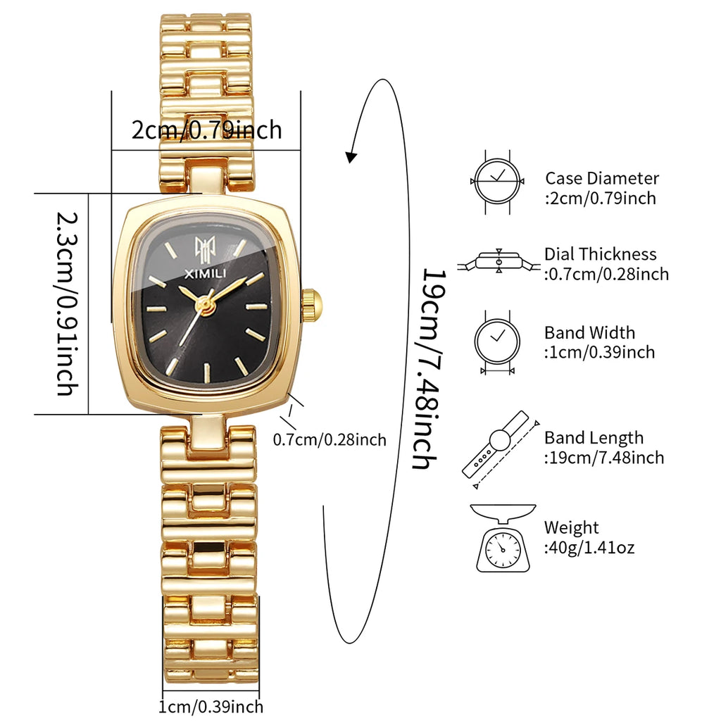 Hot Sale Women's Mini Gold Watch, Small Square Black Dial, Elegant Style Qme