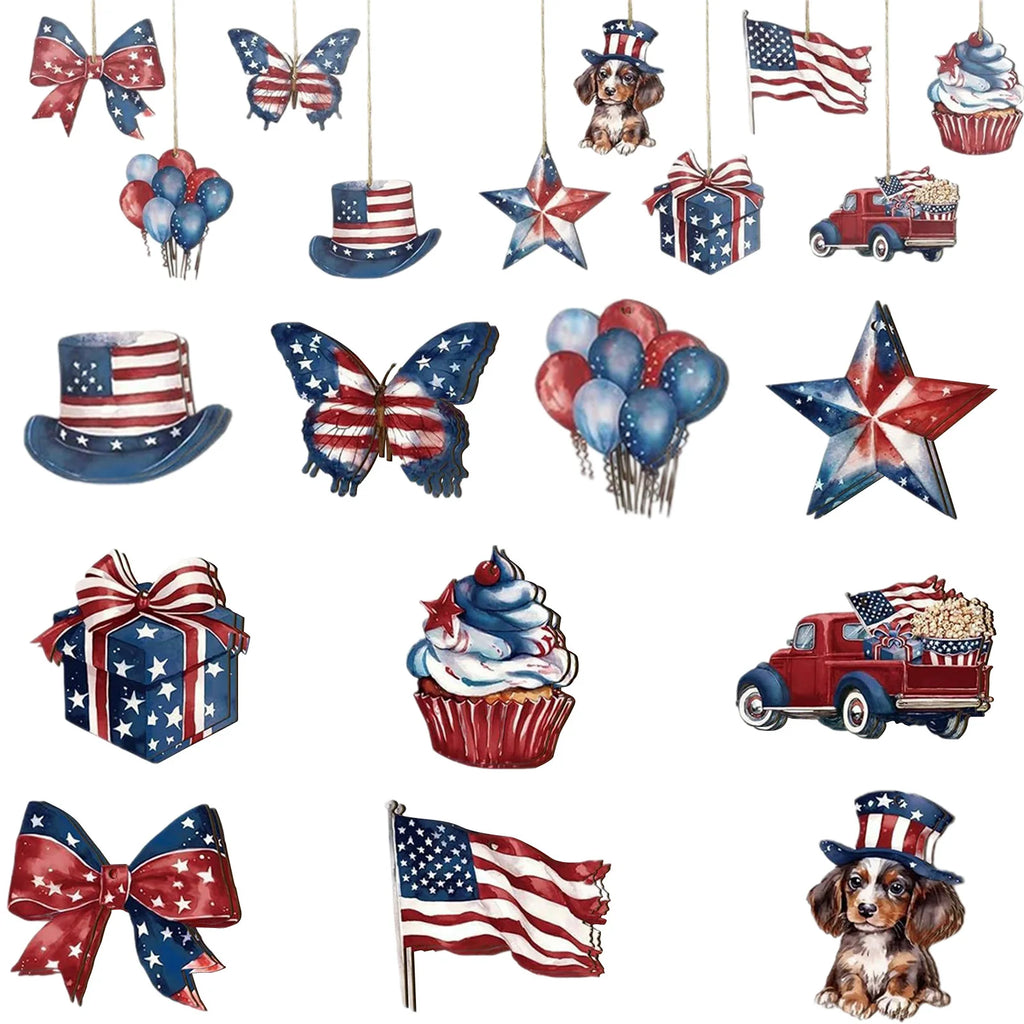 Independence Day Hanging Wooden Ornament Set Includes 12 Patterns and Hanging Ropes Anniversary Party DIY Decor Supplies Qme B One Size