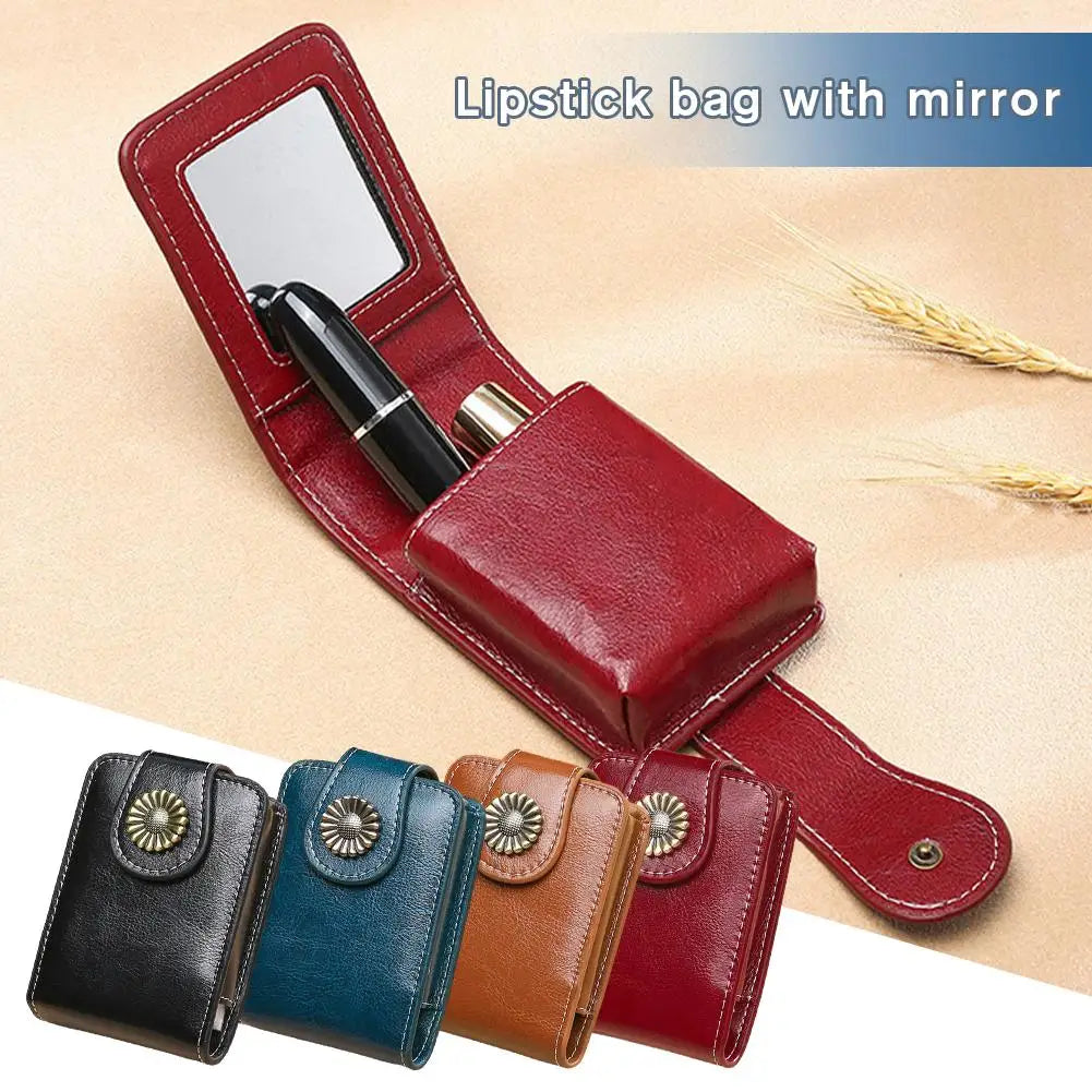 Lipstick Cosmetic Bag Mirror Portable Button Women's Makeup Storage Qme