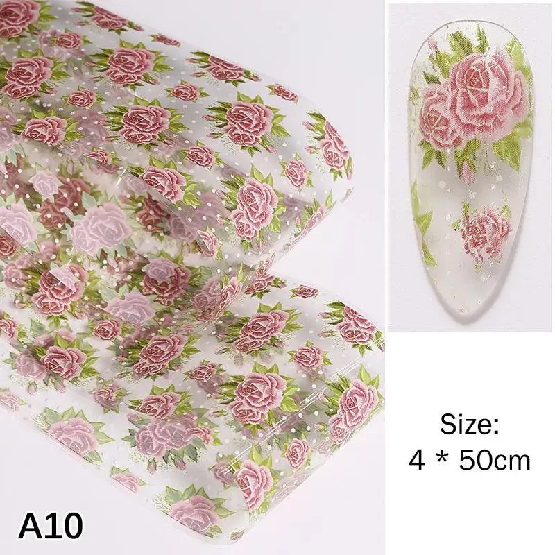 Flower Nail Transfer Foil Rose Floral Art Sticker Paper DIY Manicure Qme A10