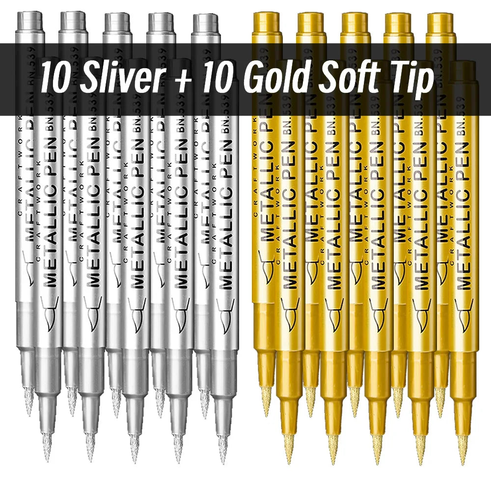 3pcs Brush Metallic Paint Marker Pens Gold Silver Color Permanent Art Marker For Manga Crafts Scrapbooking Stationery Supplies Qme Soft 10Silver 10Gold