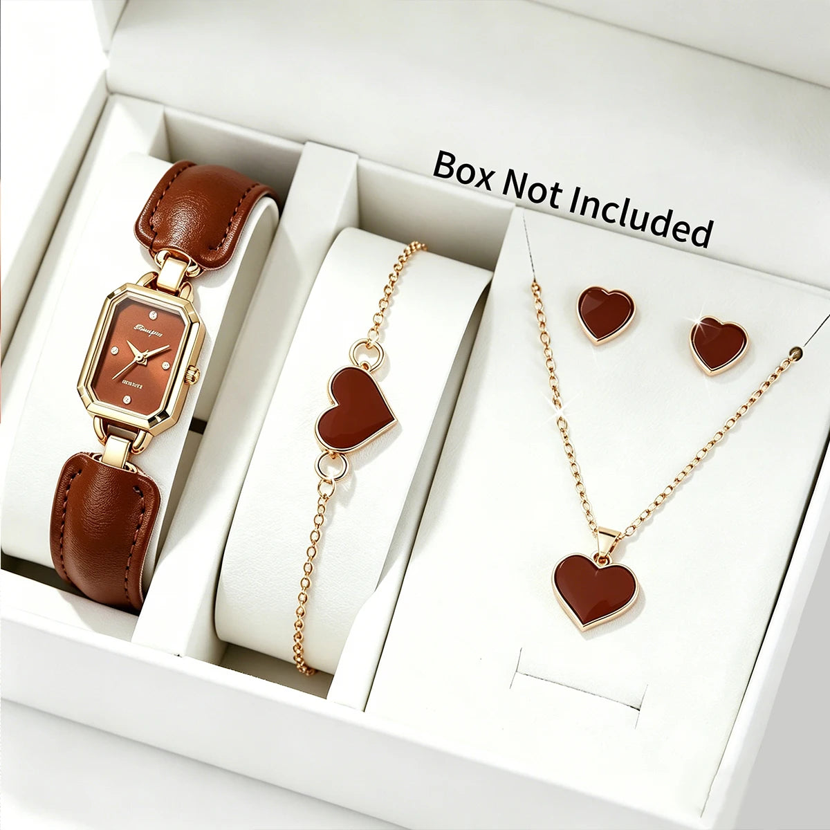 Women's Gold Watch Jewelry Set, 4Pcs Brown Dial Watch + Brown Heart Bracelet + Necklace + Earrings, Minimalist Elegant Style Qme Brown No Box