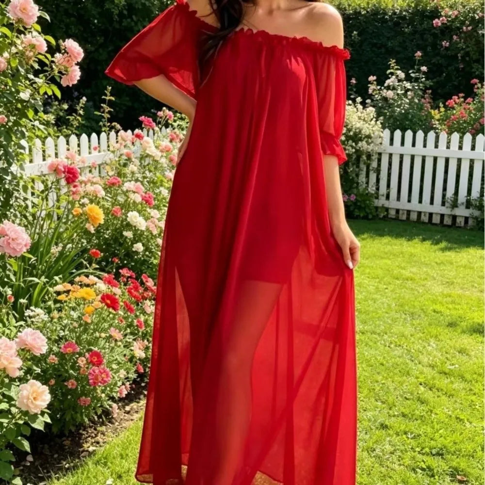 Home Dress Off Shoulder Sheer Nightgown V-neck Ruffle Mesh Nightdress Qme