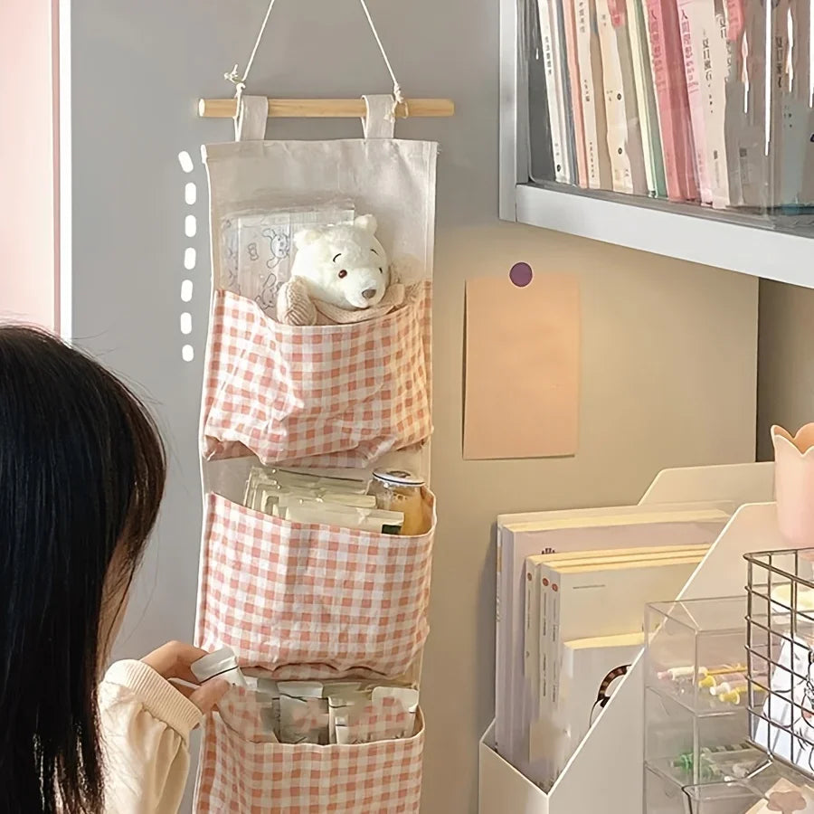Pink Storage Bag Rack Canvas Wall Mounted Bedroom Storage Bag Multifunctional for Books, Jewelry, and Miscellaneous Items Qme