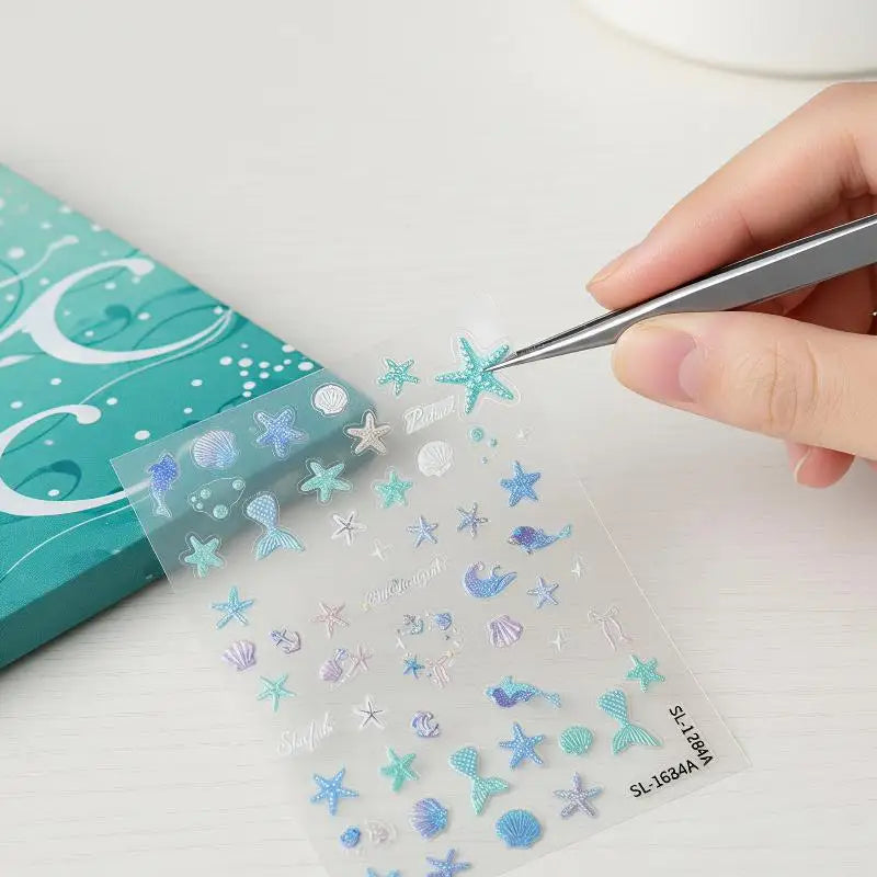 3D Ocean Themed Nail Art Stickers Embossed Starfish Pattern Self Qme